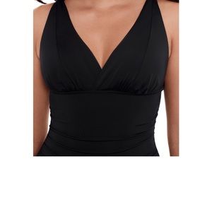 Solid black plunge v neck one piece swimsuit